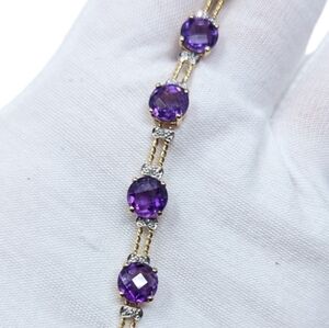 10kt Two-Toned Solid Yellow & White Gold Amethyst Diamond Accent Bracelet